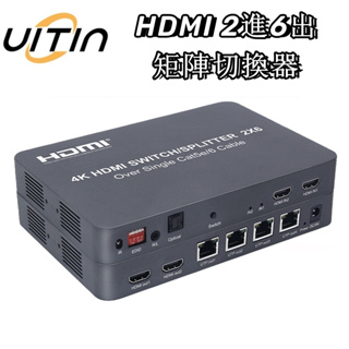 4K 100米 2x6 HDMI切換器 2進6出 4K分配器帶音頻分離 4路RJ45 CAT6電纜輸出+2 HDMI輸出