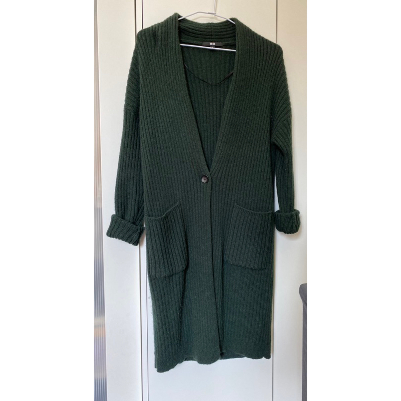 Uniqlo 羊毛羅紋針織大衣 深綠色 S號 女裝 二手 羊毛 外套