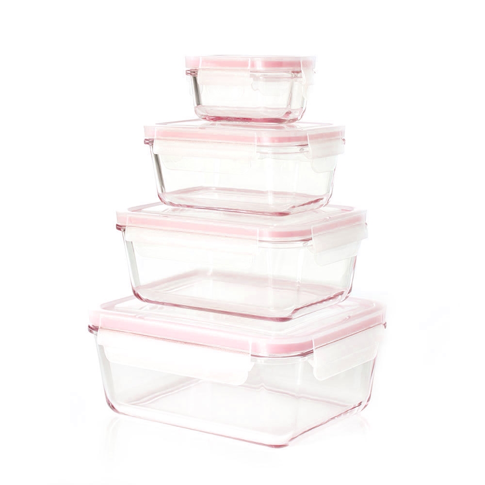 MASIONS 美心】PRIME GLASS頂級耐熱玻璃密封收納保鮮盒(4件組 長方形)-粉