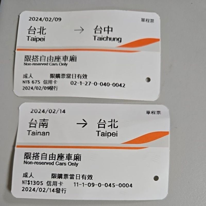 高鐵票根 紀念票根 台北-台中 台南-台北