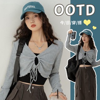 防曬罩衫短版外套兩件套套裝顯瘦 罩衫外套 復古美式長袖針織衫 辣妹掛脖上衣 鏤空上衣 韓系 短版罩衫