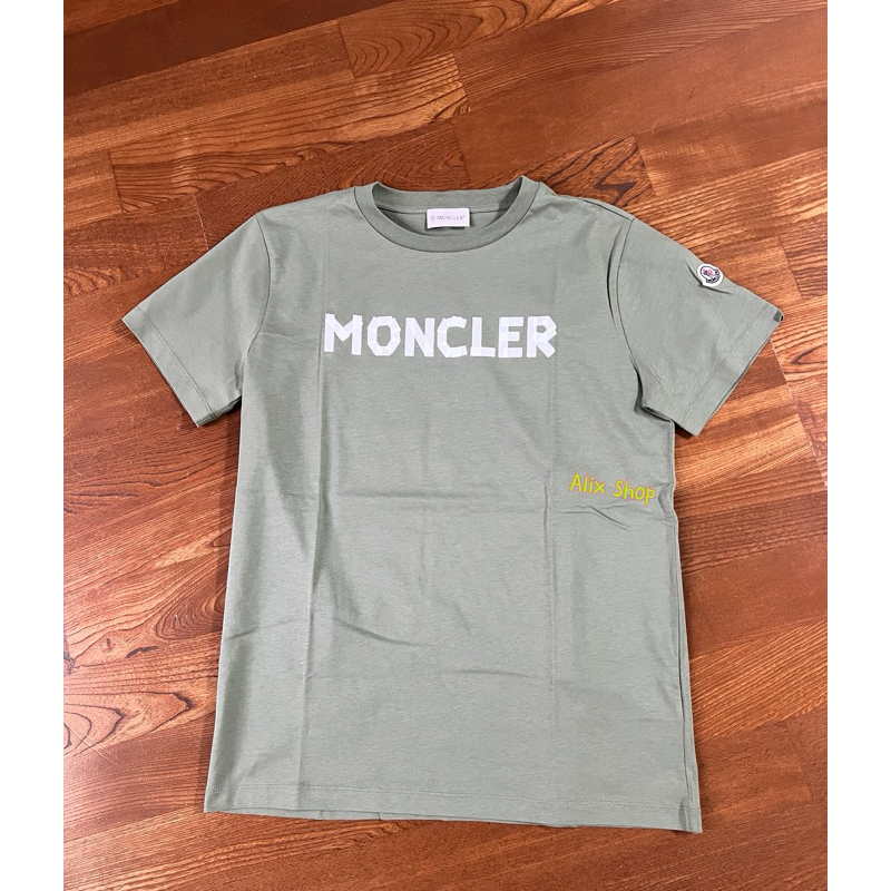 2024 春夏新款 Moncler童裝 交錯拼接線條 印刷Logo 、男 女可穿、大地 綠色，短袖、短T、T恤。