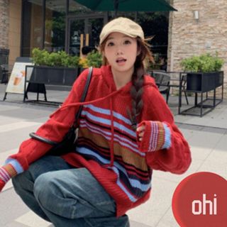 【ohi】秋冬復古條紋連帽針織上衣 情侶街頭風學院風長袖上衣 美式復古寬鬆休閒毛衣(XGWB822)