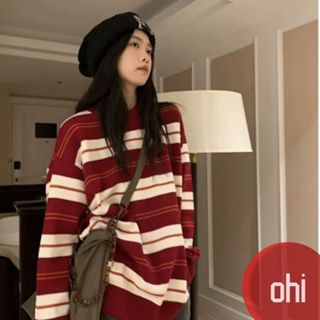 【ohi】秋季寬鬆顯瘦長袖上衣 復古紅色條紋毛衣 圓領長袖針織衫 (XGWB858)