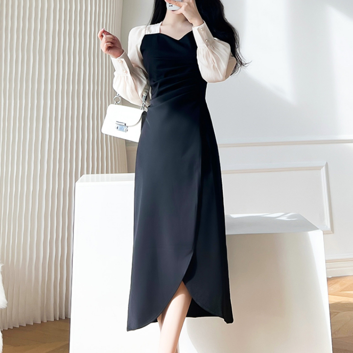 愛依依 長袖連身裙 長裙 收腰洋裝 M-2XL法式設計高級感遮肚子顯瘦氣質連衣裙H328-2383.