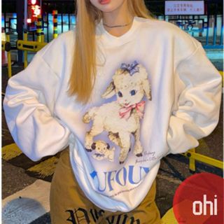 【ohi】韓版大學T 可愛小羔羊卡通印花長袖衛衣 寬鬆刷毛圓領長袖上衣(GTD169)