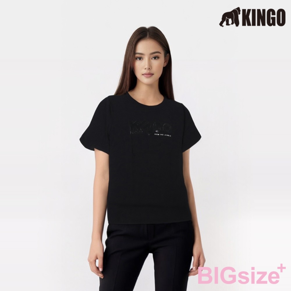 KINGO-大尺碼-女款 圓領T恤-黑-414134