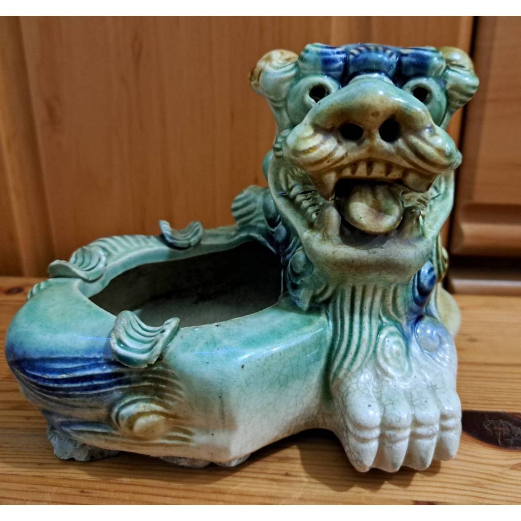 早期懷舊收藏-鶯歌陶瓷 獅子 青釉獅 祥獅 菸灰缸