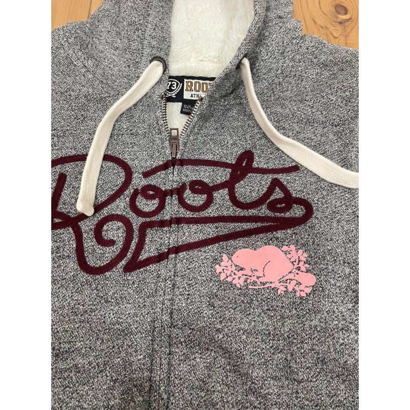 Roots 加拿大 粉紅海貍 灰色連帽刷毛外套M
