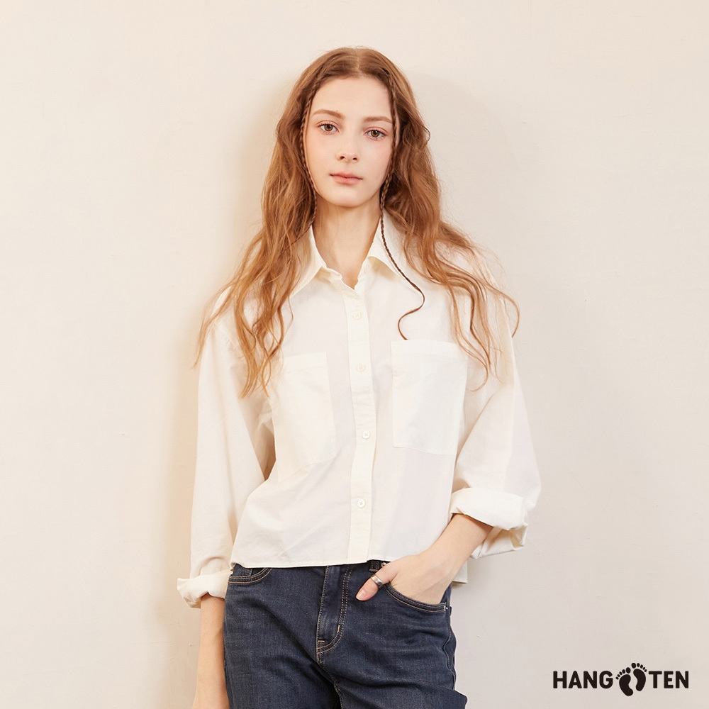 Hang Ten韓國 女裝大口袋短版長袖襯衫(米白)