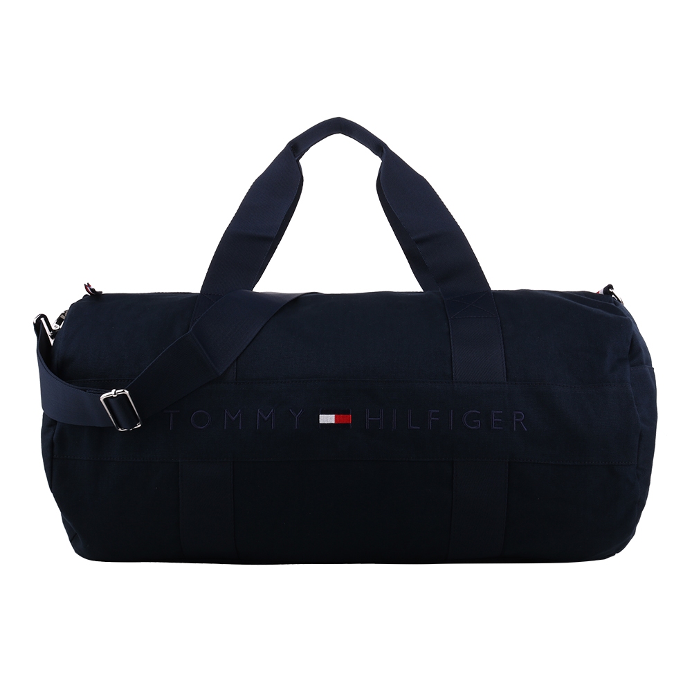 TOMMY HILFIGER-字母標誌槓條棉質兩用大旅行袋(深藍)