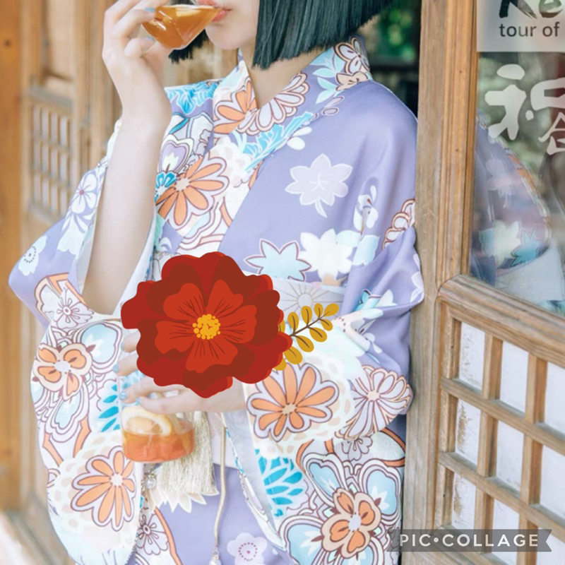 🌸花花媽媽🌸 桃園現貨 👘改良式紫色彩花全套和服含腰封蝴蝶結手工髮夾二趾襪