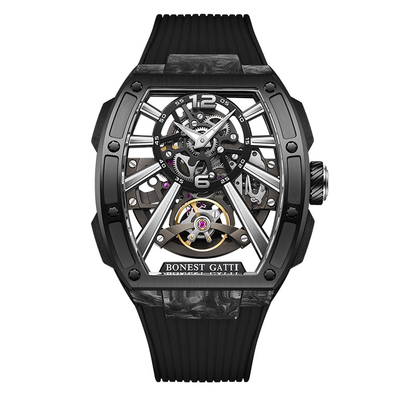 BONEST GATTI | 原廠授權布加迪 放射線面盤 酒桶造型 黑色氟橡膠錶帶 自動上鍊機械腕錶