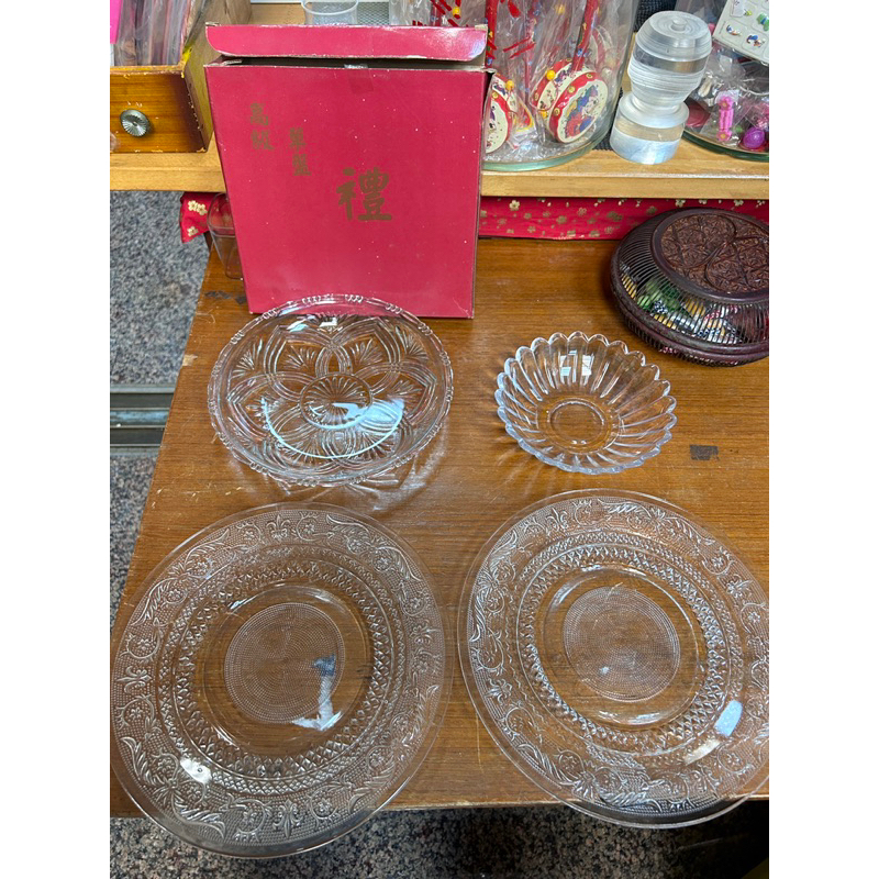 高級果盤 禮盒一個 餐具 玻璃鑽石花 水果盤 庫存老品 全新/玻璃很厚實 透明盤 古早碗 老碗盤 挫冰碗 水晶碗 水晶盤