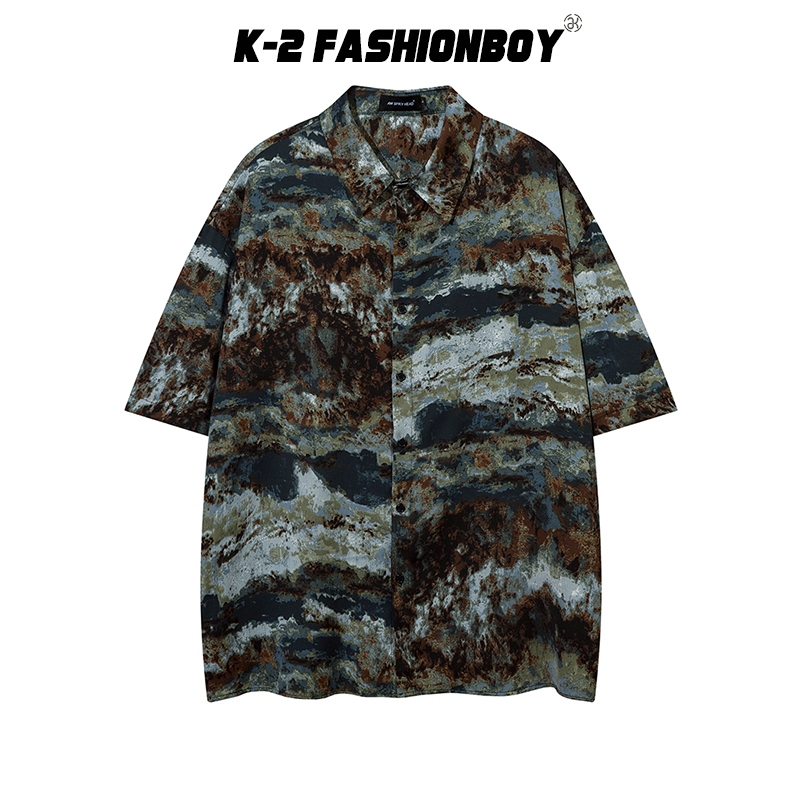 【K-2】單一色 高質感 水墨 山水畫 藝術生 穿搭 短袖襯衫 穿搭 海邊 衝浪 夏天 帥氣【HAW6227】