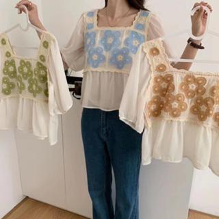 胖胖美依 上衣 針織衫 短款 短袖T卹 新款方領上衣設計感鉤花鏤空針織衫小眾法式泡泡袖t卹1F022-814.