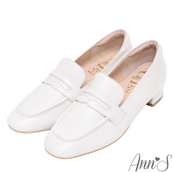 Ann’S頂級綿羊皮 柔軟素面粗跟樂福鞋3cm-白