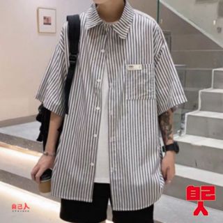 【自己人】夏季 襯衣 韓版 潮流 帥氣 休閒 藍白條紋 港風 男生短袖韓版襯衫短袖襯衫男男生襯衫ASJC140