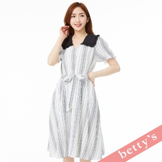 betty’s貝蒂思(31)直條紋水手荷葉領鬆緊綁帶洋裝(白色)