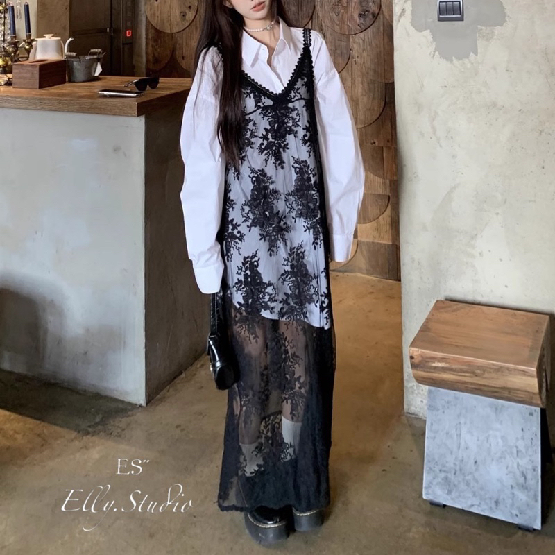 【Elly.Studio】❤️現貨➕預購❤️黑色蕾絲吊帶連身裙+中長板寬鬆襯衫(兩件套)請分開購買~
