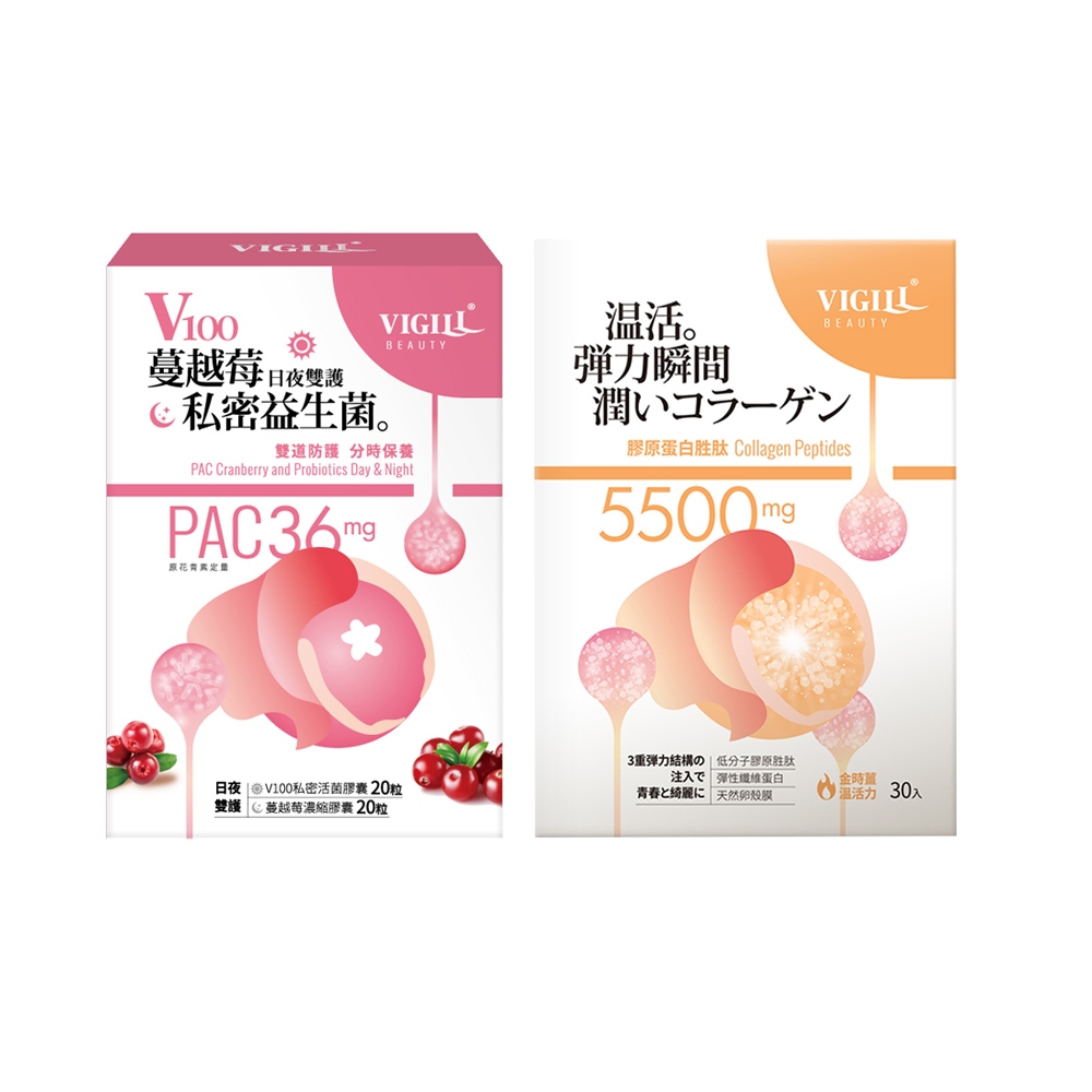 【VIGILL 婦潔】女性私密保健雙寶組(■膠原胜肽+蔓越莓私密益生菌-日夜雙護)-女性保健、私密保健、蔓越莓