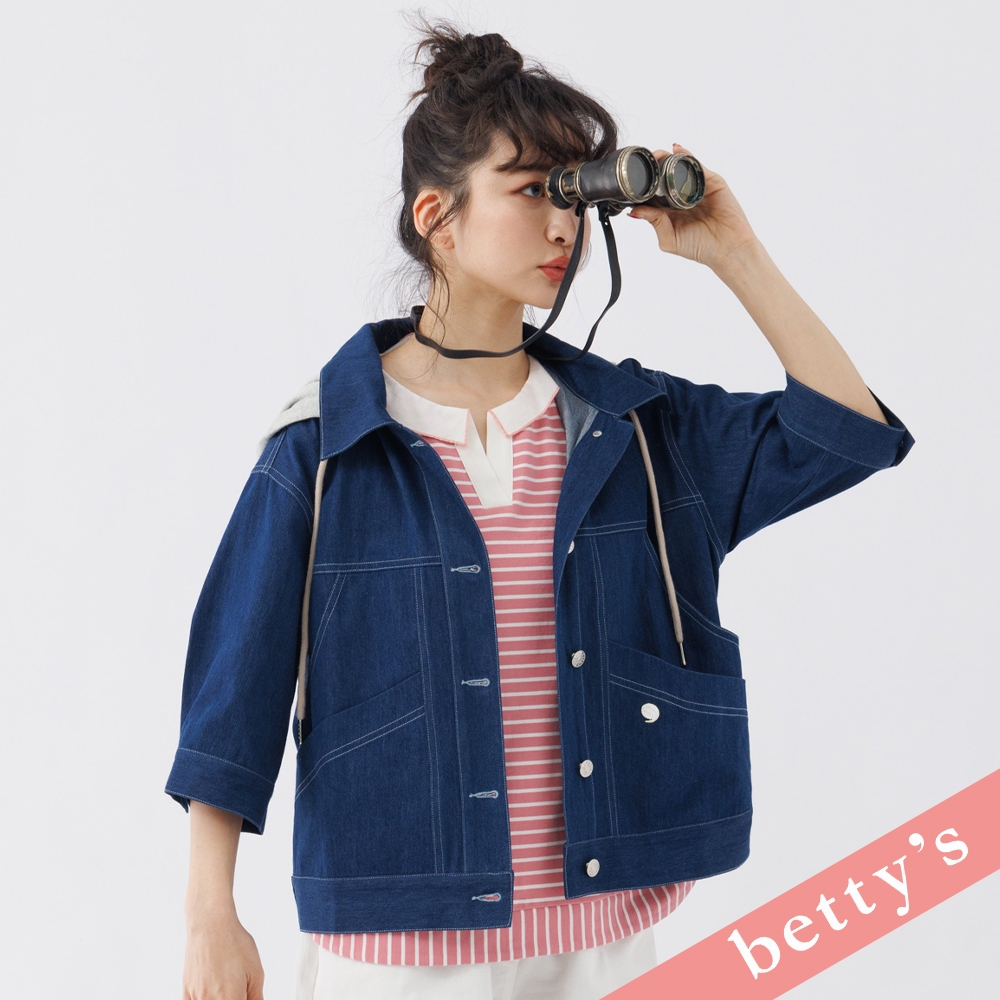 betty’s貝蒂思(31)前後開襟斜接率性連帽七分袖牛仔外套(深藍色)