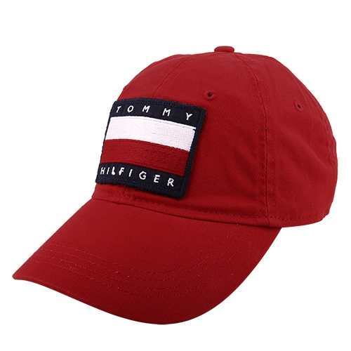 TOMMY HILFIGER- 紅白繡線大旗標中性款棒球帽(深紅色)