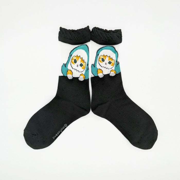 日本代購 mofusand 貓福珊迪鏤空網紗 中筒襪 鯊魚貓 黑 23-25 短襪 襪子 貓咪 女襪