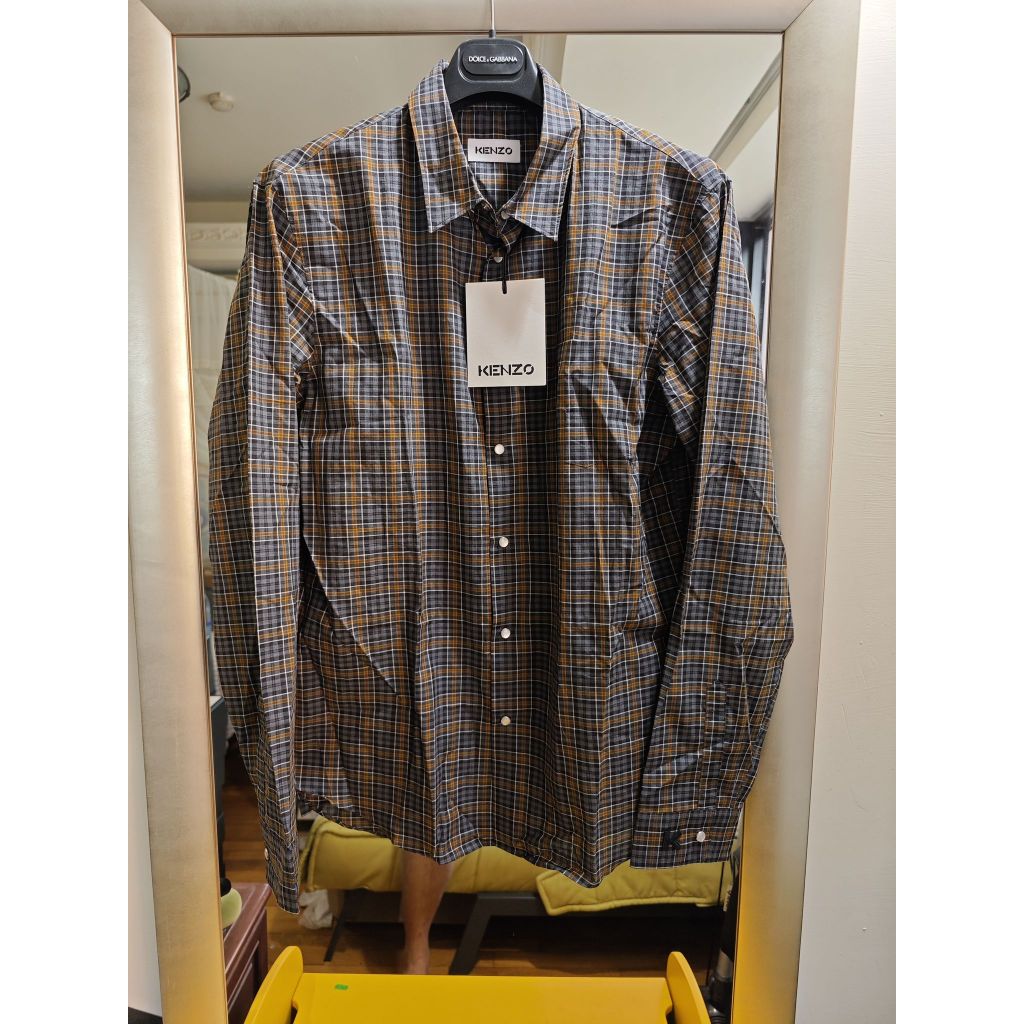 KENZO全新真品灰橘色格紋襯衫(40號)-----2.3折出清(不議價商品)