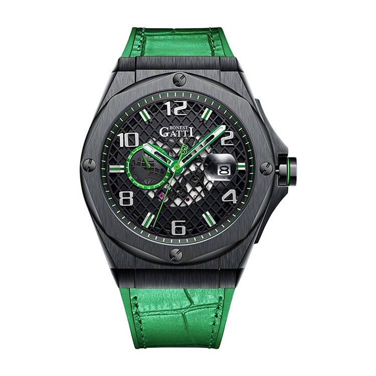 BONEST GATTI 布加迪 綠色款 網格錶盤 皮革+橡膠組合錶帶 機械手錶(BG8701-B4)