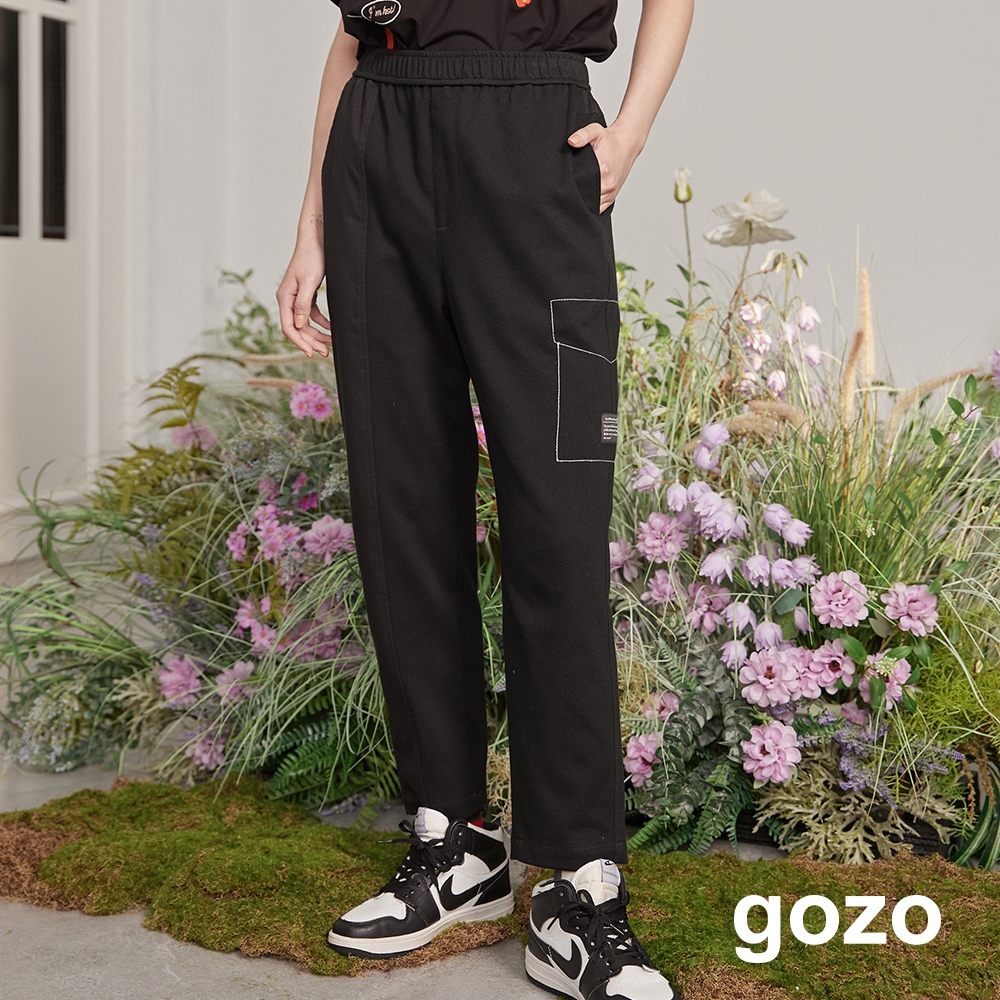 【gozo】織標異材質拼接鬆緊棉褲(黑色/卡其_M/L) | 女裝 修身 休閒