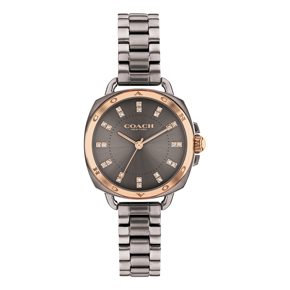 COACH LOGO錶圈 灰色款 晶鑽刻度 小錶徑腕錶 不鏽鋼錶帶 28mm 女錶 【贈玫瑰金無線手鍊】