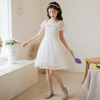 女童連衣裙 白色蓬蓬紗裙 2024夏季 蕾絲花邊兒童公主裙 女童洋裝 中大童連衣裙 120-160cm