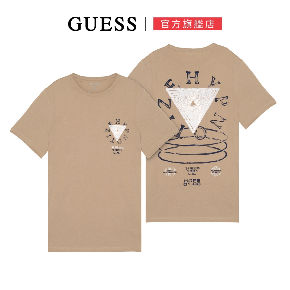 【GUESS】圓領美式圖騰短袖T恤-卡其