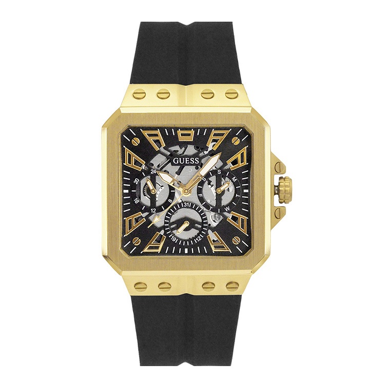 【For You】當天寄出 I GUESS 金框 黑面 三眼日期顯示腕錶 鏤空方形錶盤 黑色矽膠錶帶 手錶 男錶