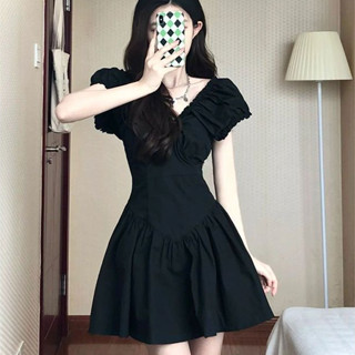 FUXI 法式V領連身裙女 短袖洋裝 露背洋裝 小黑裙 收腰顯瘦短裙 連身短裙 女裝 衣服