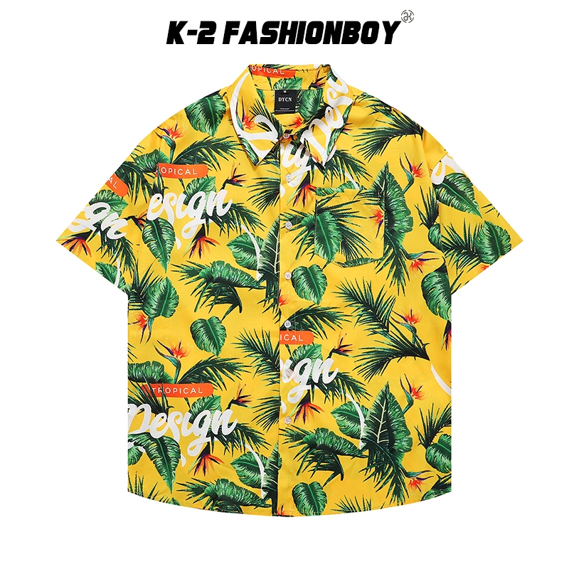 【K-2】美式襯衫 滿版 樹葉 字母 黃色襯衫 口袋 短袖襯衫 穿搭 海邊 花襯衫 衝浪 寬鬆【HL151】