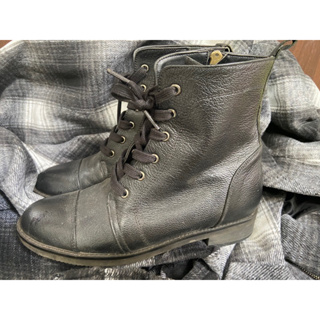 韓國連線 軍靴 23.5 極新 帥氣內增高真皮綁帶