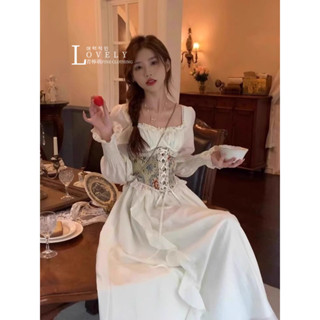 【青檸萌】法式洋裝 溫柔風連身裙 早春初戀洋裝 宮廷風甜美森系復古油畫綁帶腰封 在逃公主洋裝