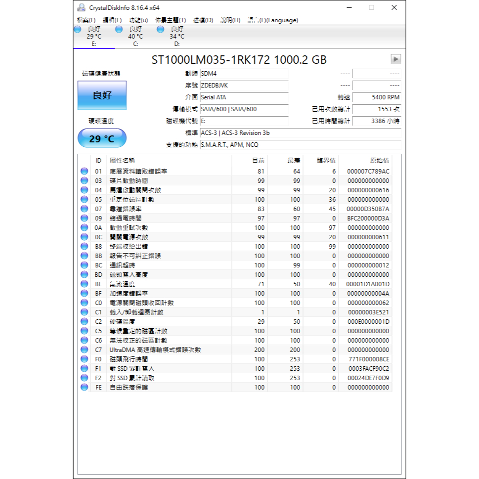 二手  HDD ST1000LM035-1RK172  1T 2.5" 2.5吋  7mm薄型 硬碟 無壞軌 保固1個月