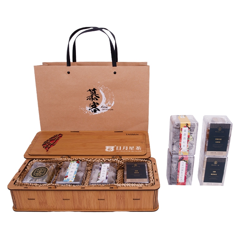 竹紋禮盒-(茶葉牛軋糖+紅玉茶包+蜜香貴妃茶包+茶磚:黑糖桂圓紅棗茶) 附提袋