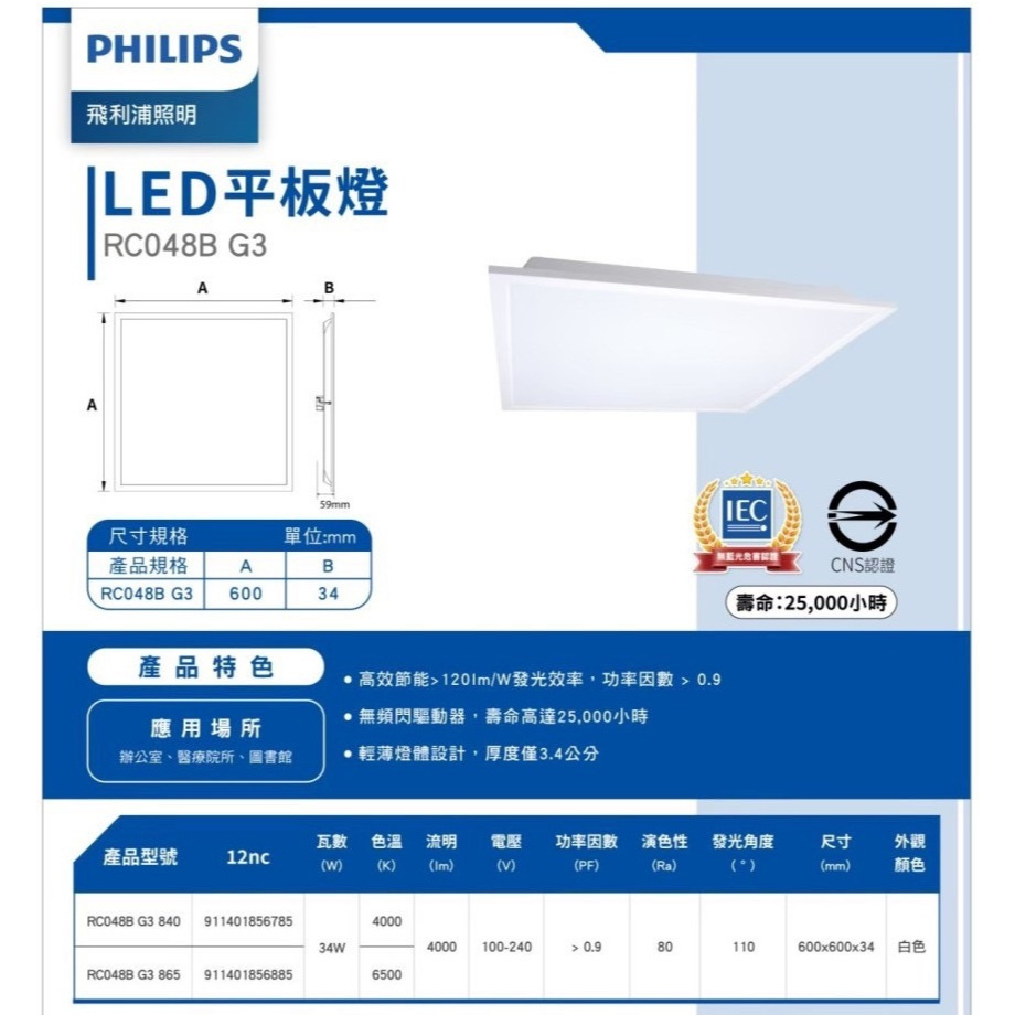 PHILIPS 飛利浦 LED 平板燈 2x2尺 34W RC048B (4000K自然光 / 6500K白光) 全電壓