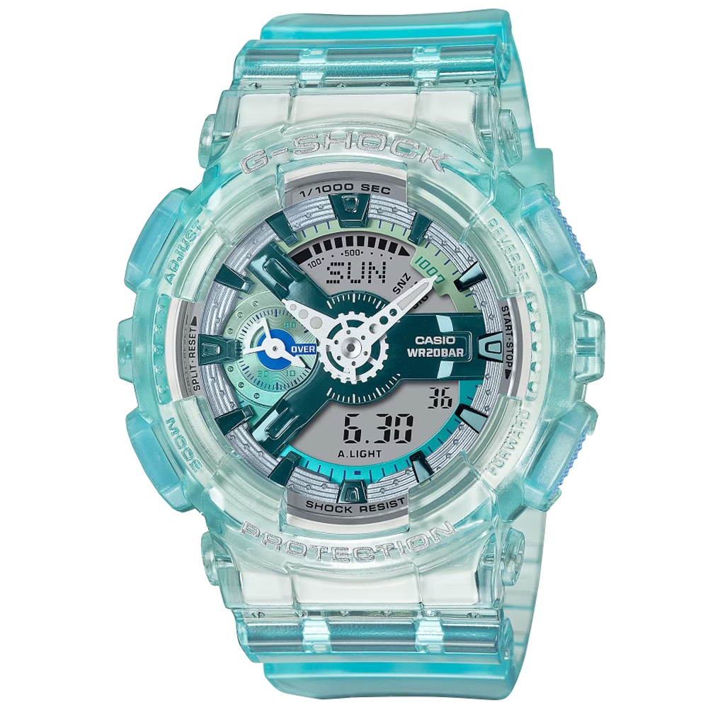 CASIO卡西歐 G-SHOCK 虛擬科幻 半透明錶殼 電子雙顯錶-藍綠 (GMA-S110VW-2A)