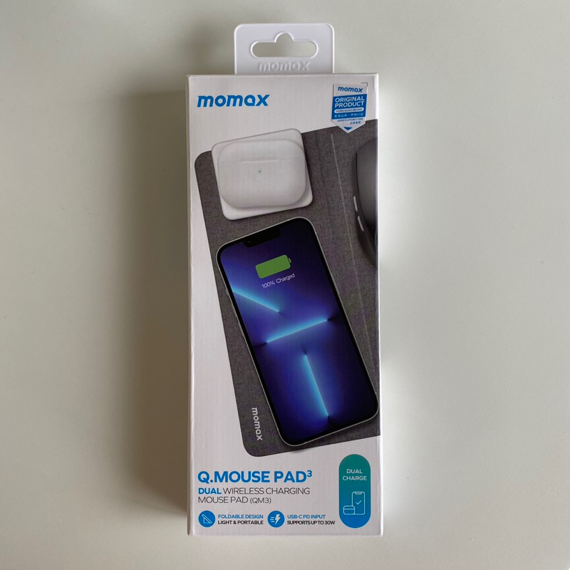 MOMAX 雙無線充電創意滑鼠墊20W(QM3)-深灰