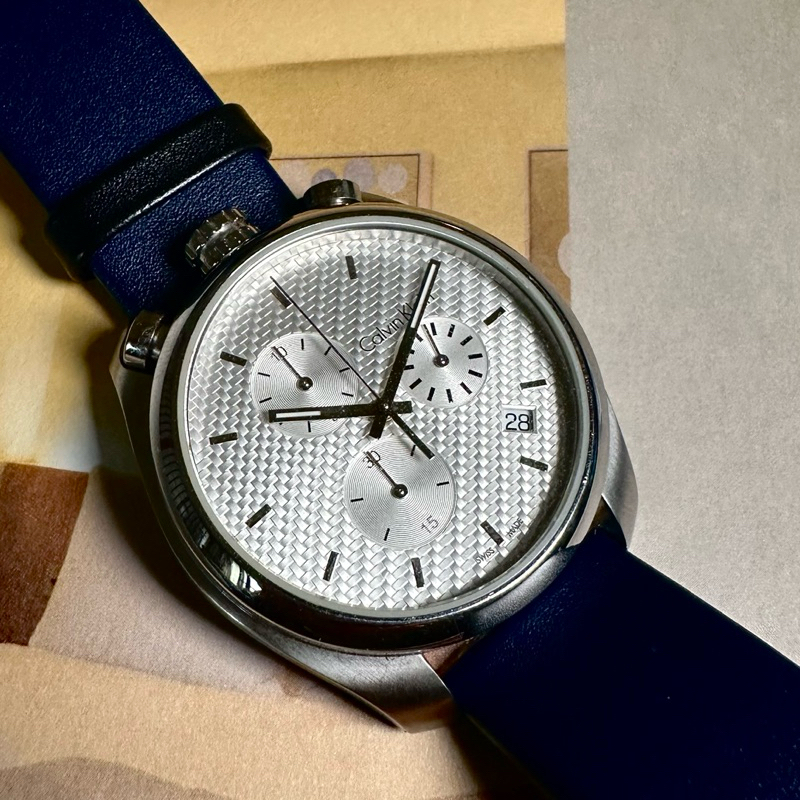 CALVIN KLEIN 牛頭計時碼錶 石英 二手 深藍錶帶 已換過電池 20240407
