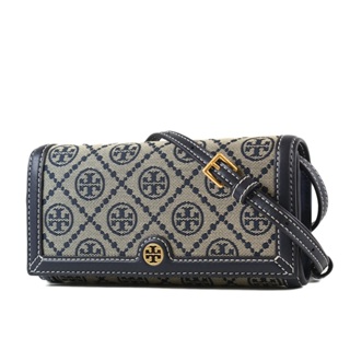 TORY BURCH 專櫃款 T MONOGRAM織布翻蓋斜背長夾WOC包-藍色 【美國正品現貨】