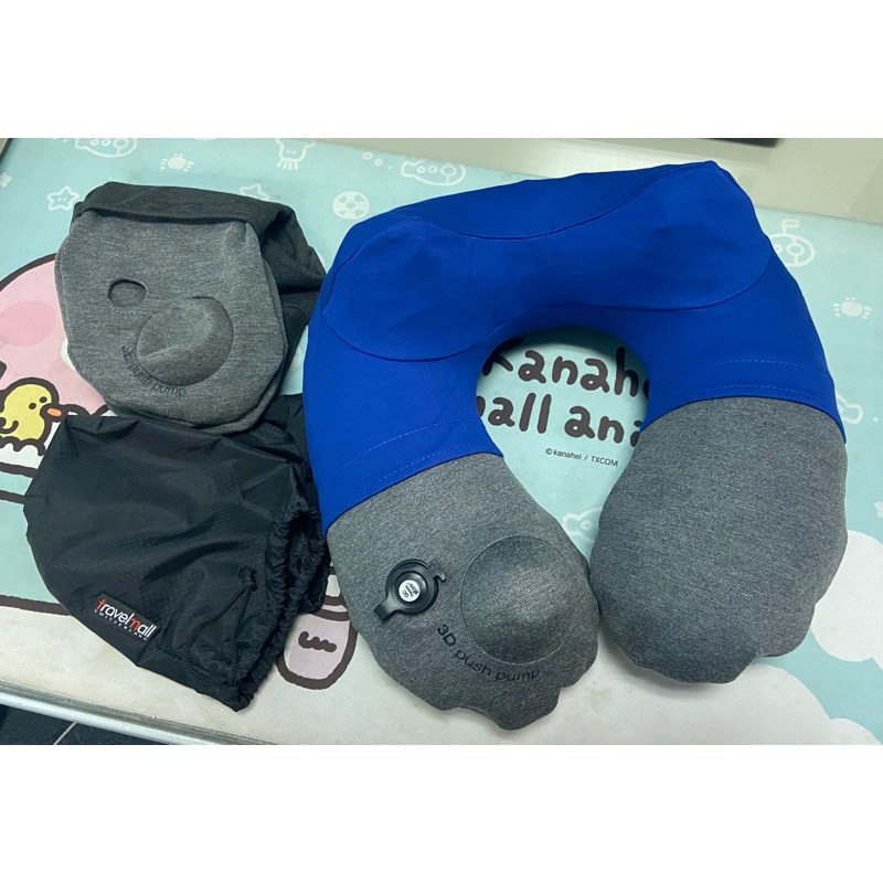 Travelmall 3D手動旅行充氣枕 (藍色）+黑色套，旅行