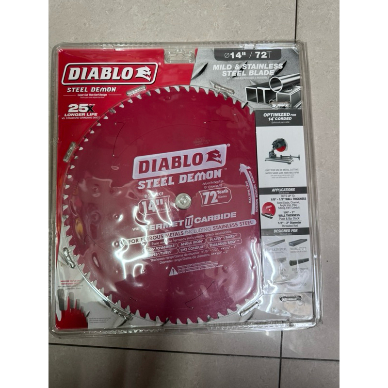 全新  Diablo 14吋金屬用鋸片  14″金屬切斷機 鋸片72齒   如圖   中心孔距 25.4