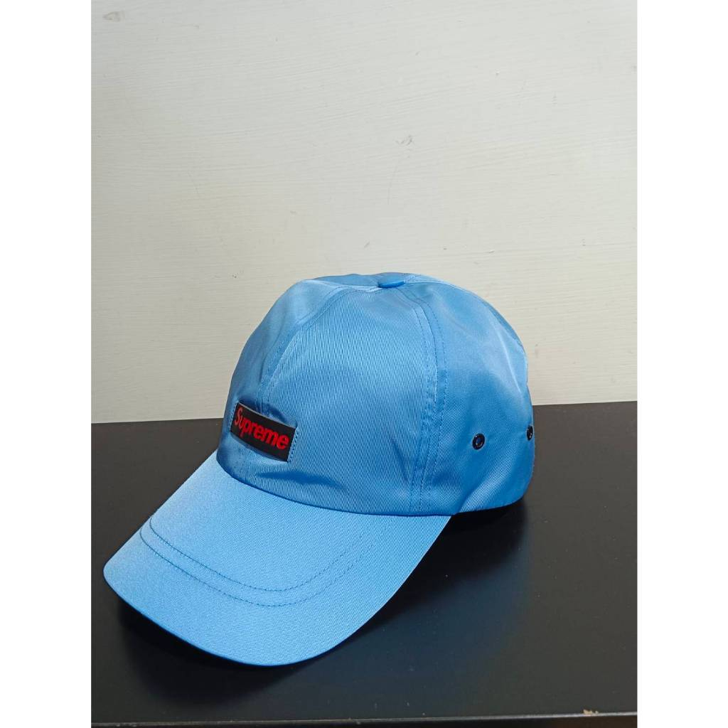 Supreme 黑紅真皮logo 棒球帽 天藍色