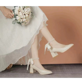 尺寸39 瑪莉珍鞋 珍珠 氣質米色 粗跟 跟鞋 淑女鞋